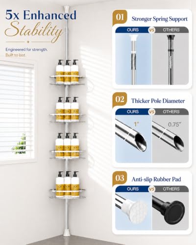 Rustproof Shower Corner Caddy Organizer for Bathroom, 4 Adjustable Shelves with Tension Pole, for Bathtub Shampoo Accessories Storage Holder, 34 to 116 Inch Height, Silver