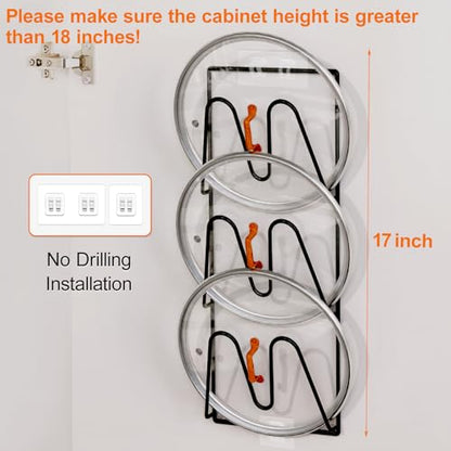 Durmmur 2 Pack Pot Lid Organizer, 6-Tier Lid Holder for Cabinet Door & Wall | Rustproof Metal Lid Organizer with No-Drill Adhesive Mounting for Pot and Pan Lids, Space-Saving Kitchen Storage, Black