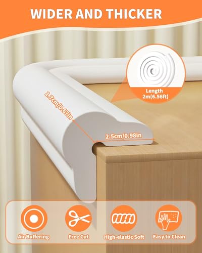 Baby Proofing Edge Protector, 6.6FT, 0.67" Extra Thick, Pre-Taped | L-Shape Air Buffering Soft NBR Rubber Foam Guard, Furniture Corner & Edge Safety Bumpers with 6 Corner Covers, White