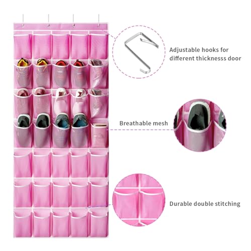 SAVERHO 35 Pockets Over the Door Shoe Organizer, Hanging Shoe Organizer for Door with 35 Mesh Pockets Large Capacity Shoe Hanging Storage Bag with 4 Metal Hooks (Pink-1Pack)