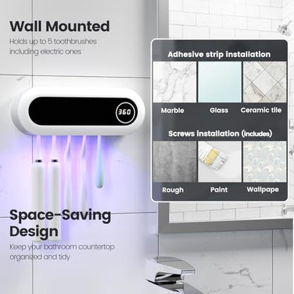 MIMORE Toothbrush Holder Wall Mounted, 5 Slots with 6-Minute Timer | Toothbrush Cleaner, Holds 5 Toothbrushes, for Family Bathroom, Fits Most Sizes, Easy Wall Mount with Adhesive Strips & Screws