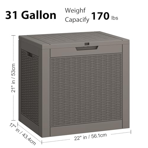 Outdoor Storage Box 31 Gallon,Waterproof Indoor Outside Deck Boxes,Backyard Storage Bin for Package Delivery,Garden Tools,Patio Cushions,Pool Accessories,Storage Bench Lockable Lid,Tool Box