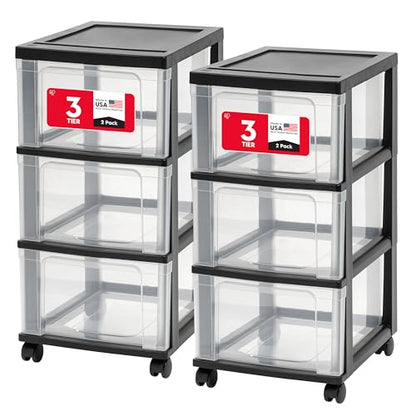 IRIS USA 3-Drawer Slim Narrow Storage Organizer Rolling Cart, Black/Clear | Organize crafts, school supplies, accessories, and household items with slim storage and easy-access drawers
