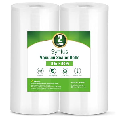 Syntus Vacuum Sealer Bags, 2 Rolls 8" x 50' Commercial Grade Bag Rolls, BPA Free Food Vac Bags for Storage, Meal Prep or Sous Vide