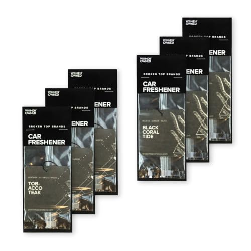 Broken Top Geotanical Car Air Freshener Variety Pack, 6 Pack, 2 Scents | Includes Black Coral Tide and Tobacco Teak hanging fresheners, 3 each