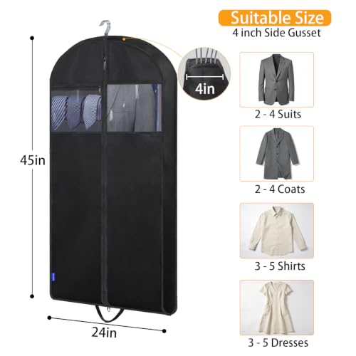 45" Suit Bags for Closet Storage and Travel, Gusseted Garment Bags with Large Back Pocket for Hanging Clothes, Suit Cover With Handles for Suits, Tuxedos, Coats, Shirts, Dresses (Black 3Pack)