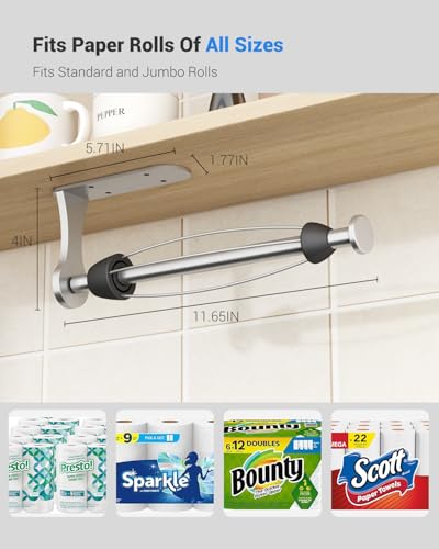 Paper Towel Holder Under Cabinet, One-Handed Tear, Wall Mount, Adhesive, Silver, Paper Roll Holder with Ratchet Mechanism for Kitchen Bathroom Farmhouse Essentials Decor Accessories