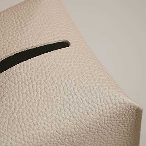 OLETHA Square Tissue Box Cover, Aesthetic Desk Decor, Light Taupe, 2 Pack | Faux leather tissue box holder for room, home, office; fits Kleenex & Puffs cube boxes; velcro base; easy swap; wipes clean