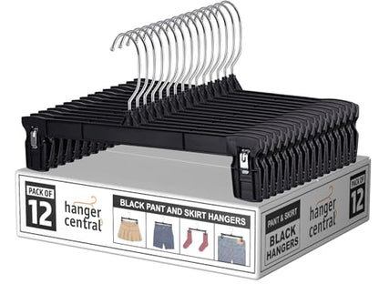 12 Inch 12 Pack Pants Hangers, Slim Plastic Clothes Hangers with Clips for Skirts, Pants, Shorts, Space Saving Heavy Duty Closet Organizer with Non Slip Grip & Swivel Hook – Black