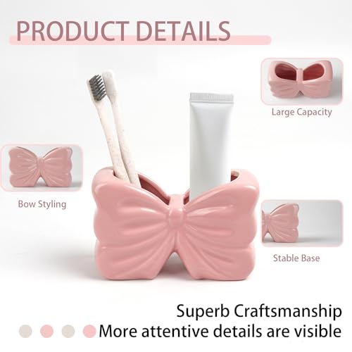 Pink Bow Ceramic Toothbrush Holder,Sweet Girly Gift Bathroom Decor | 2-Slot Bathroom Organizer for Makeup Brushes & Pencils, Cute Small Bow Vase,for Bathroom Vanity ,Gift for Women