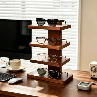 Wooden Eyeglass Organizer, 4-Tier Sunglasses Display Stand for Men | Desktop Glasses Holder with Storage Base, Modern Eyewear Organizer for Dresser, Nightstand & Office