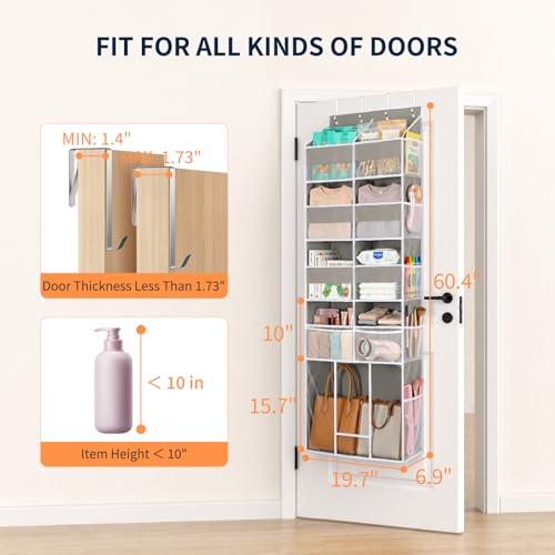 Yecaye Over the Door Organizer 5-Shelf, Behind the Door Storage 80lbs Capacity with Extra Large Pocket, Back of Door Organizer and Storage for Baby Nursery Bedroom Dorm Bathroom RV, Grey