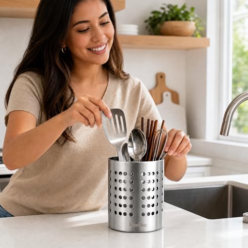 SUS304 Small Stainless Steel Utensil Holder for Countertop, Silver | 18/8 Stainless Silverware Utensil Drying Rack, Sturdy Rust Resistant, 5.32inch Tall, Dishwasher Safe
