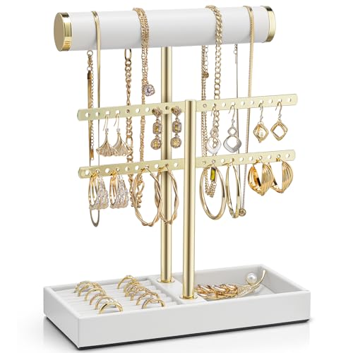VLANDO 2 Tier Necklace Holder Organizer with Tray, Leather Bracelet Holder Display for Women, Gold Jewelry Holder Stand for Bracelet, Necklace, Earrings, Rings - White