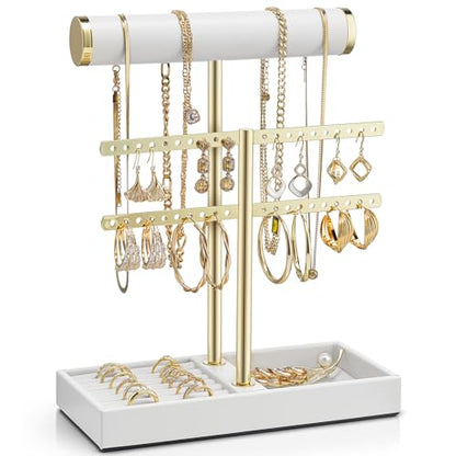 VLANDO 2 Tier Necklace Holder Organizer with Tray, Leather Bracelet Holder Display for Women, Gold Jewelry Holder Stand for Bracelet, Necklace, Earrings, Rings - White