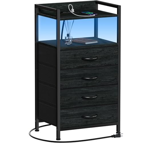 Night Stand with Charging Station,LED,Tall Bedside... (Black Oak)