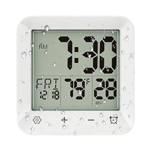 Bathroom Clock Waterproof Shower Timer, Digital Wall Clock with Countdown, Touch Screen, LCD Display, Temperature, Suction Cup/Hanging Hole/Stand, Spa Sauna I White