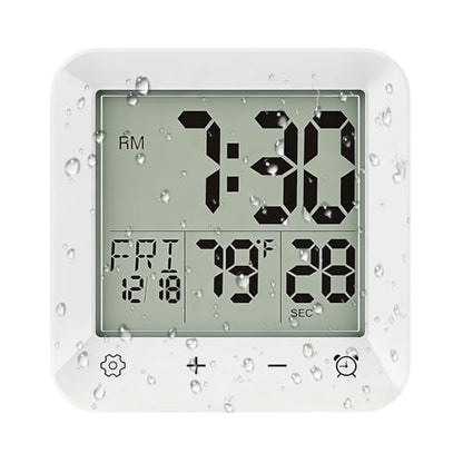 Bathroom Clock Waterproof Shower Timer, Digital Wall Clock with Countdown, Touch Screen, LCD Display, Temperature, Suction Cup/Hanging Hole/Stand, Spa Sauna I White