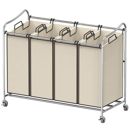 Simple Houseware 4-Bag Heavy Duty Rolling Laundry Sorter Cart, Chrome | Removable Bags and Lockable Wheels for Laundry Room Organization