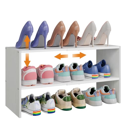 X-cosrack 2-Tier Shoe Rack Organizer for Closet, Expandable and Adjustable White Shoe Rack, Stackable Iron Wood Combination Shoe Storage Shelves for Closets, Entryway, Small Space, Hallway, Garage