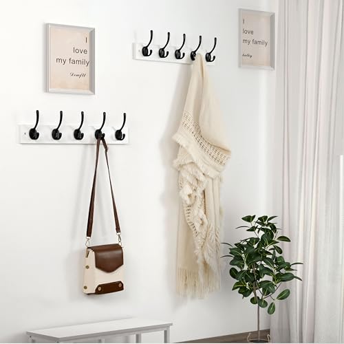 Wall Mounted Coat Rack: 16" Hole to Hole, Coat Hook Hanger with 5 Metal Hooks for Hanging Coats Towels Hats Clothes, White & Black