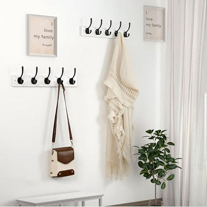 Wall Mounted Coat Rack: 16" Hole to Hole, Coat Hook Hanger with 5 Metal Hooks for Hanging Coats Towels Hats Clothes, White & Black