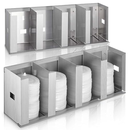 Hicarer 4 Compartments Stainless Steel Cup Dispenser with Adjustable Dividers Silver Cup and Lid Holder Lid Organizer Storage for Cabinet Kitchen Cafe Tea Shop Restaurant, Silver