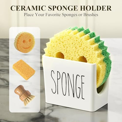 Kitchen Soap Dispenser Set Comes with Ceramics Sponge Holder, Gold Pumps, and Instant Dry Tray, Hand and Dish Soap Dispenser Set (4, Silver + White + Sponge Holder)