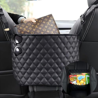 Car Net Pocket Handbag Holder，Purse Holder for Between Seats，Leather Seat Back Organizer Mesh Large Capacity Bag，Handbag Between The Two Seats
