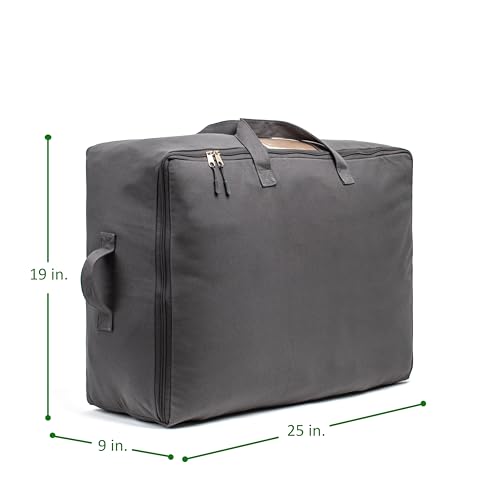 Soft Canvas Storage Bags with Zipper. Thick Breathable, 2pc King/Queen Comforter Organizer. Four Carrying Handles and Window. Large 25x19x9in Bag for Sheets Blankets Bedding Pillows, Clothes (Grey)