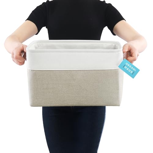 OrganiHaus 15x11in Canvas Storage Baskets 3 Pack - Fabric Bins for Shelves | Vegan leather handles; a decorative closet organizer for clothes, shoes, or toys; bedroom container