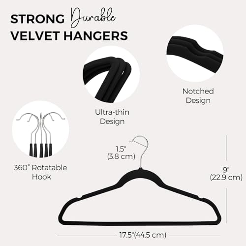 HOUSE DAY Premium Velvet Hangers 50 Pack, Non-Slip Flocked Felt Hangers, | Black Sturdy Clothes Hangers with 360° Rotatable Hook, Heavy Duty Coat Hanger, Durable Slim Hanger for Closet Space Saving