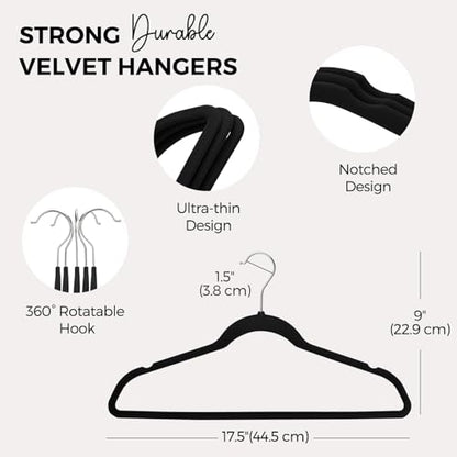 HOUSE DAY Premium Velvet Hangers 50 Pack, Non-Slip Flocked Felt Hangers, | Black Sturdy Clothes Hangers with 360° Rotatable Hook, Heavy Duty Coat Hanger, Durable Slim Hanger for Closet Space Saving