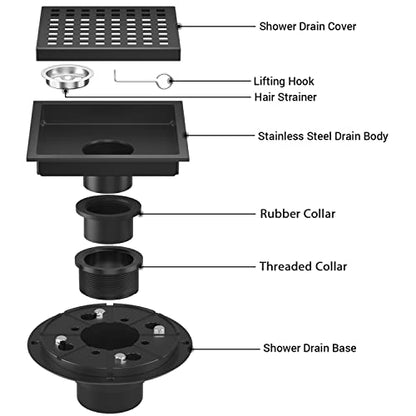 6 Inch Shower Drain Matte Black, Square Bathroom Floor Drain, Stainless Steel Drain Kit with Flange, Removable Grid Cover, Hair Strainer