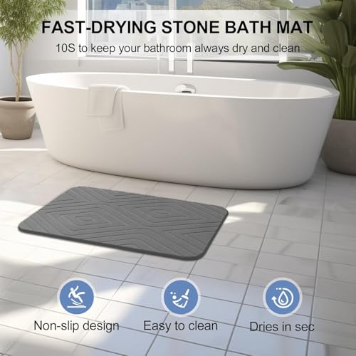 2 Pack Stone Bath Mat, Diatomaceous Earth Shower Mat, Non-Slip Super Absorbent Quick Drying Bathroom Kitchen Floor Mat, 24x15, Grey