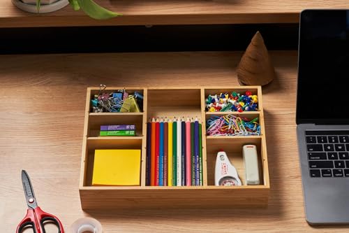 Bamboo Desk Drawer Organizer, Wood Junk Organizer Tray with Adjustable Dividers, Anti-Skip Storage Organization in Office Bathroom Drawer for Vanity, Makeup, 12" x 9"