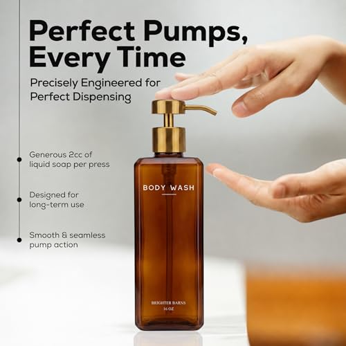 Luxury Shampoo and Conditioner Dispenser Set by Brighter Barns - Refillable Shower Shampoo Dispenser - Shower Bottles with Stainless Steel Pumps for Modern Organic Home Decor, Spa, Airbnb (Amber/Gold)