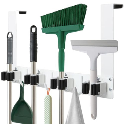 Over The Door Broom and Mop Holder, Heavy Duty Stainless Steel Organizer with 4 Slots and 3 Hooks, No Drilling Space Saving Tool Hanger for Kitchen, Laundry Room, Closet, and Garage - White