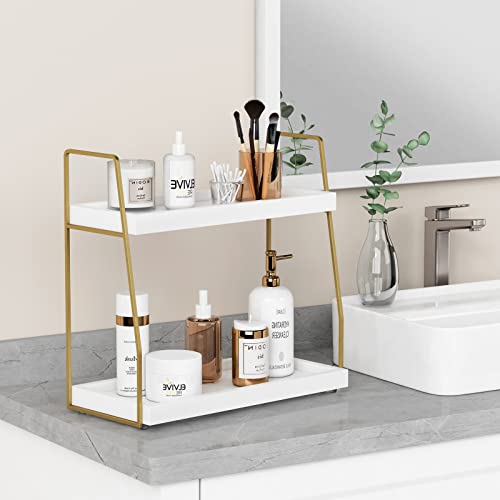 Forbena Bathroom Organizer Countertop, Counter Organizer for Bathroom Decor, Wooden Sink Shelf for Vanity Storage, Makeup Tray for Perfume Skincare Bedroom Kitchen Corner (2 Tier, White and Gold)
