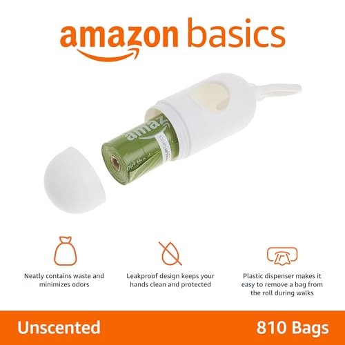Amazon Basics Premium Leak Proof Dog Poop Bags with Dispenser and Leash Clip, Unscented, 13" x 9", 810 Count (54 Rolls of 15)