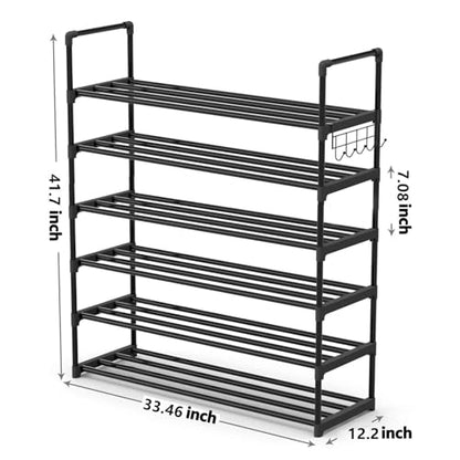 Hsscblet 6 Tiers Metal Shoe Rack,Adjustable Shoe Shelf Storage Organizer with Hooks,Stackable Boot & Shoe Storage,for Entryway,Hallway,Closet,Black
