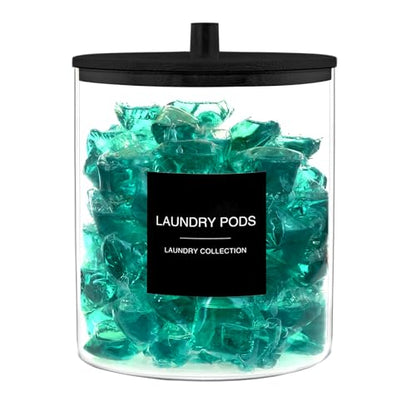 Laundry Pods Container with 27 Labels, Glass Jars for Laundry Room Organization, Detergent Holder with Bamboo Lid, Cute Storage Jars, Black (Set of 1)
