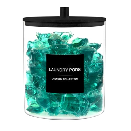 Laundry Pods Container with 27 Labels, Glass Jars for Laundry Room Organization, Detergent Holder with Bamboo Lid, Cute Storage Jars, Black (Set of 1)