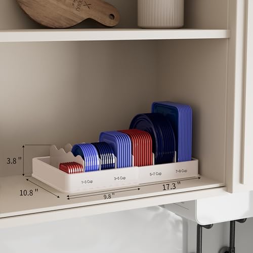 SWOMMOLY Expandable Food Container Lid Organizer for Kitchen Cabinet | Storage Lid Holder with 6 Dividers, 30 Preprinted and Blank Writable Labels, Adjustable Length 9.8" to 17.3", Large, White
