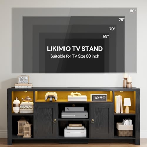 LIKIMIO 70" TV Stand for TVs up to 80", LED Entertainment Center, Black | Built-in Power Outlet, LED Lights, Wood Finish, 2 Storage Cabinets, Adjustable Shelves, TV Console for Living Room