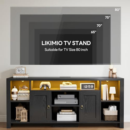 LIKIMIO 70" TV Stand for TVs up to 80", LED Entertainment Center, Black | Built-in Power Outlet, LED Lights, Wood Finish, 2 Storage Cabinets, Adjustable Shelves, TV Console for Living Room