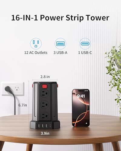 Power Strip 6.5 Ft Extension Cord with 12 AC Multiple Outlets 4 USB (1 USB C), SMALLRT Power Strip Tower Desktop Charging Station for Home Office College Dorm Essentials