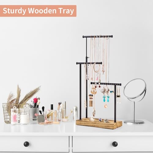 SRIWATANA Carbonized Black Jewelry Organizer Stand, Tall Necklace Holder | 3-Tier 360° Rotating Tall Jewelry Tree with Adjustable Height for Necklaces, Earrings, Bracelets, and Ring Tray