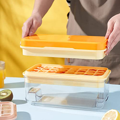 Ice Cube Tray with Lid and Bin, 64 pcs Ice Tray Kit with Ice Scoop, Ice Cube Pop Out Tray, Ice Cube Trays for Freezer, Ice Cube Molds, BPA Free, Easy Release Stackble Spill-Resistant ZZWILLB (Orange)