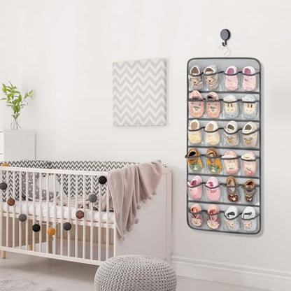 Dual-sided Baby Shoe Organizer Closet Hanging Toddler Shoes Storage for Kids Bow Socks Underwear Holder with 48 Clear Pockets (Grey)